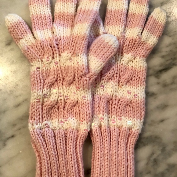 GAP pink and white stripe knit mittens with sequin - Picture 5 of 7